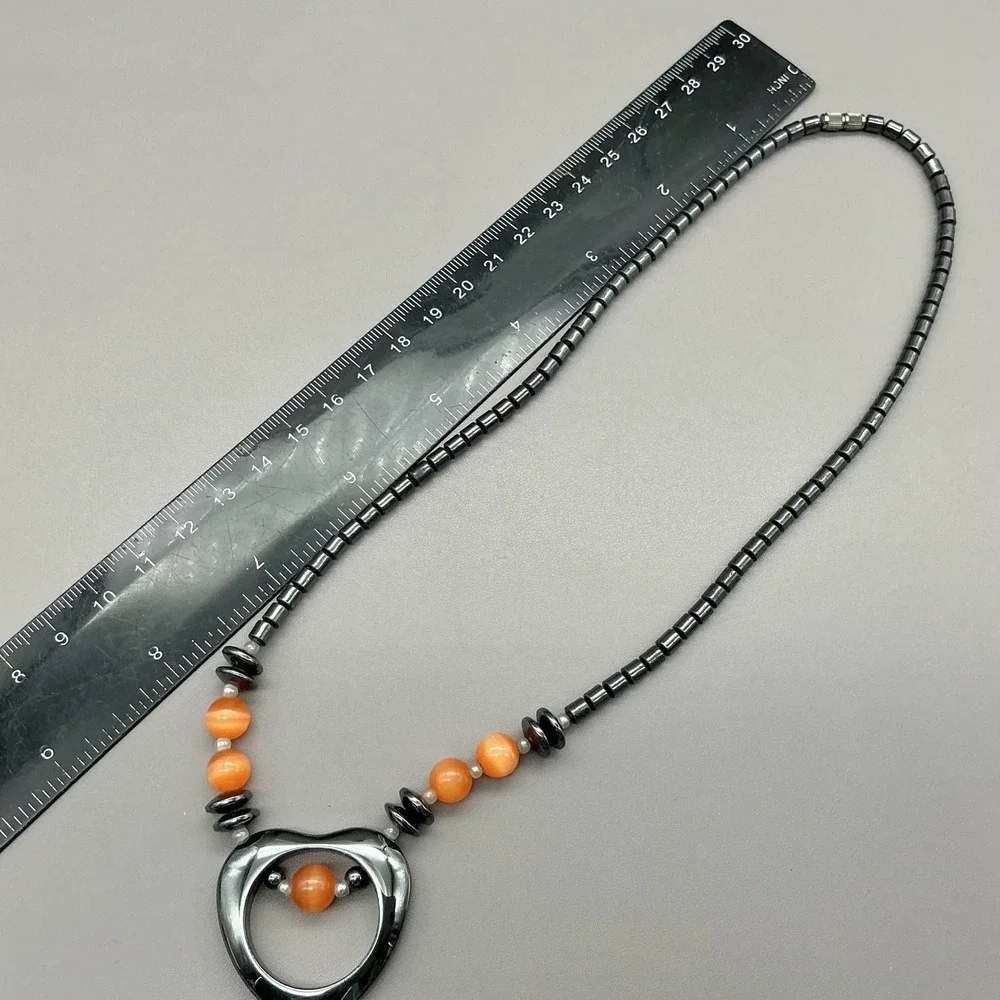Necklace Hematite Beaded Heart Pendant Orange Bead‎ Barrel Statement Jewelry